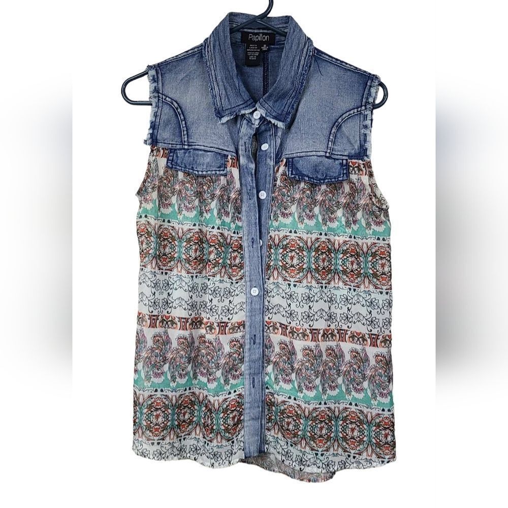 Papillon Denim Yoke Floral Paisley Chiffon Blouse Sleeveless Western Boho Top